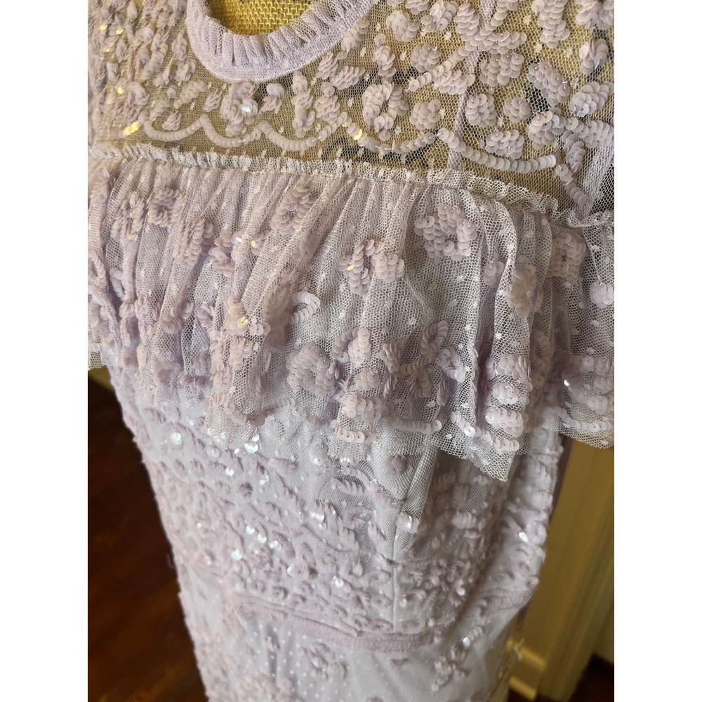 Mac Duggal 9195 Lavender Sequin Floral Lace Tiered Gown Ruffle Capelet Maxi - Picture 9 of 16
